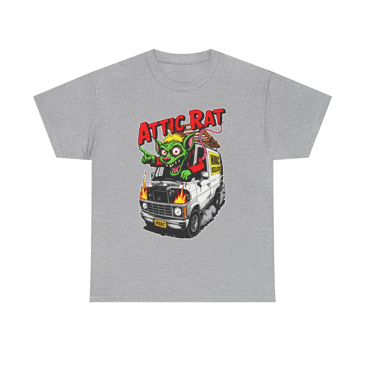 Gray t-shirt with a graphic of a rat on a van and 'Attic Rat' text, on a white background
