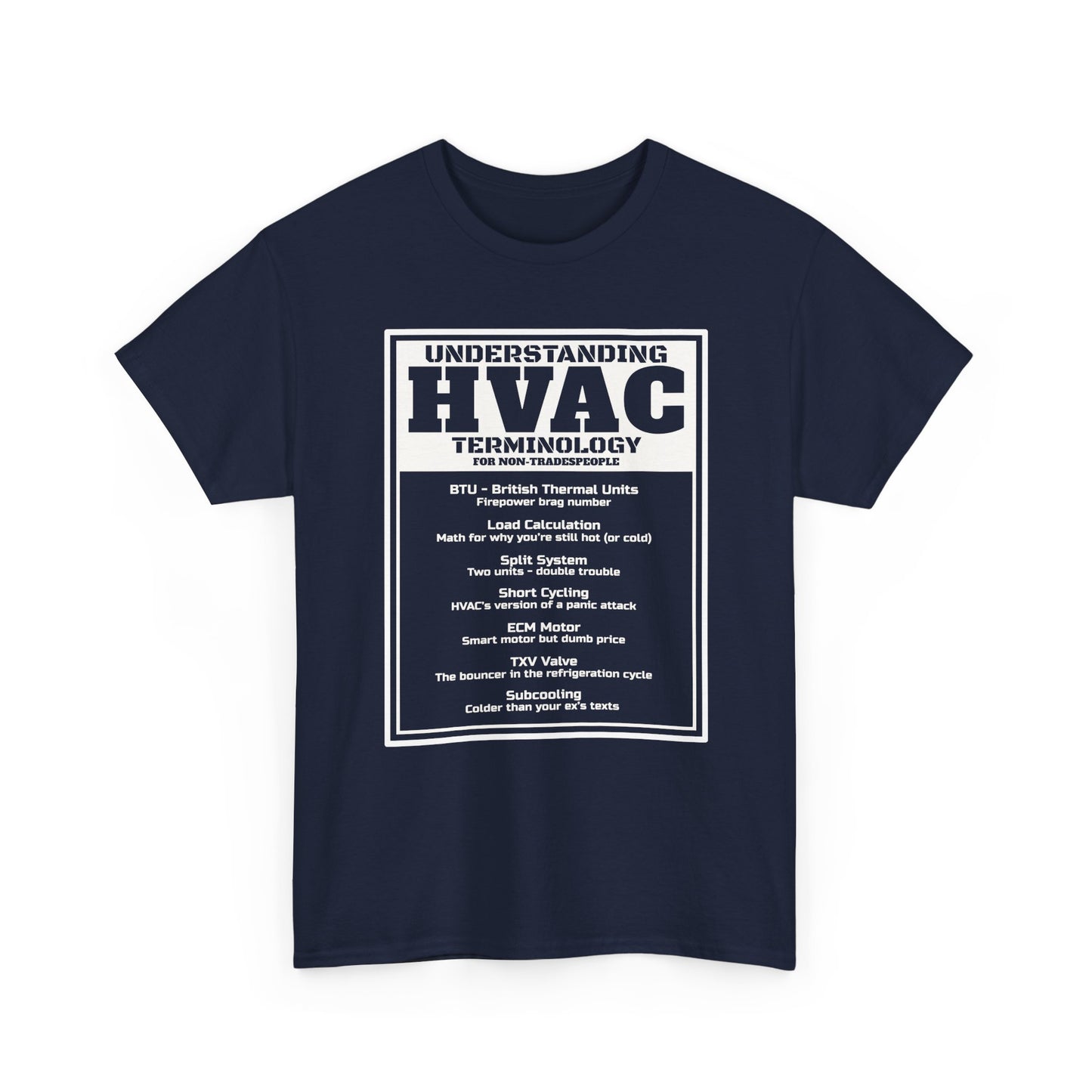 Navy blue t-shirt with HVAC terminology text on a white background