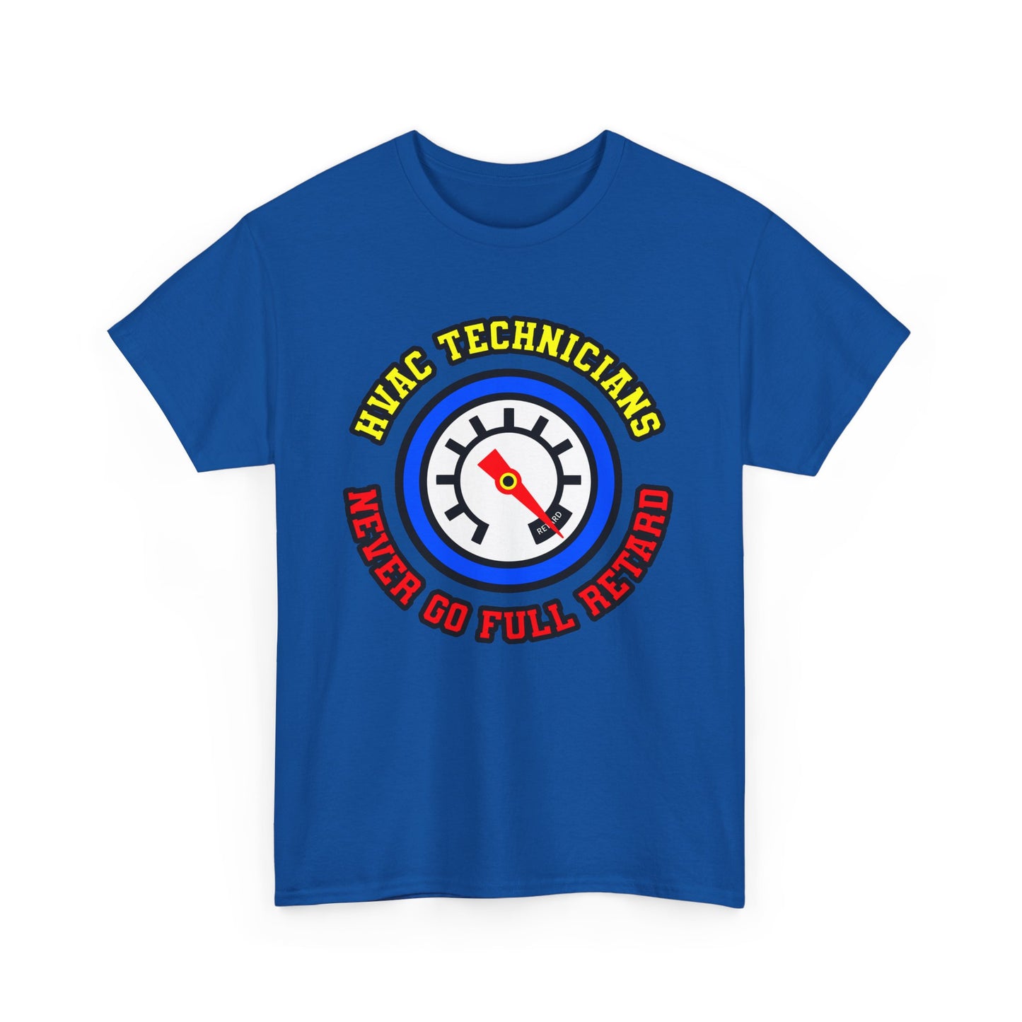 Blue t-shirt with HVAC technicians graphic and text on a white background