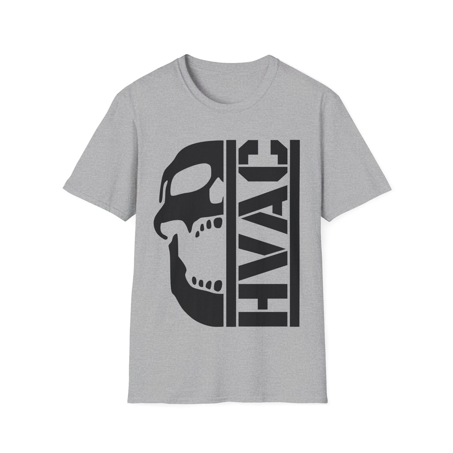 Gray t-shirt with black skull and 'HVAC' text design on a white background