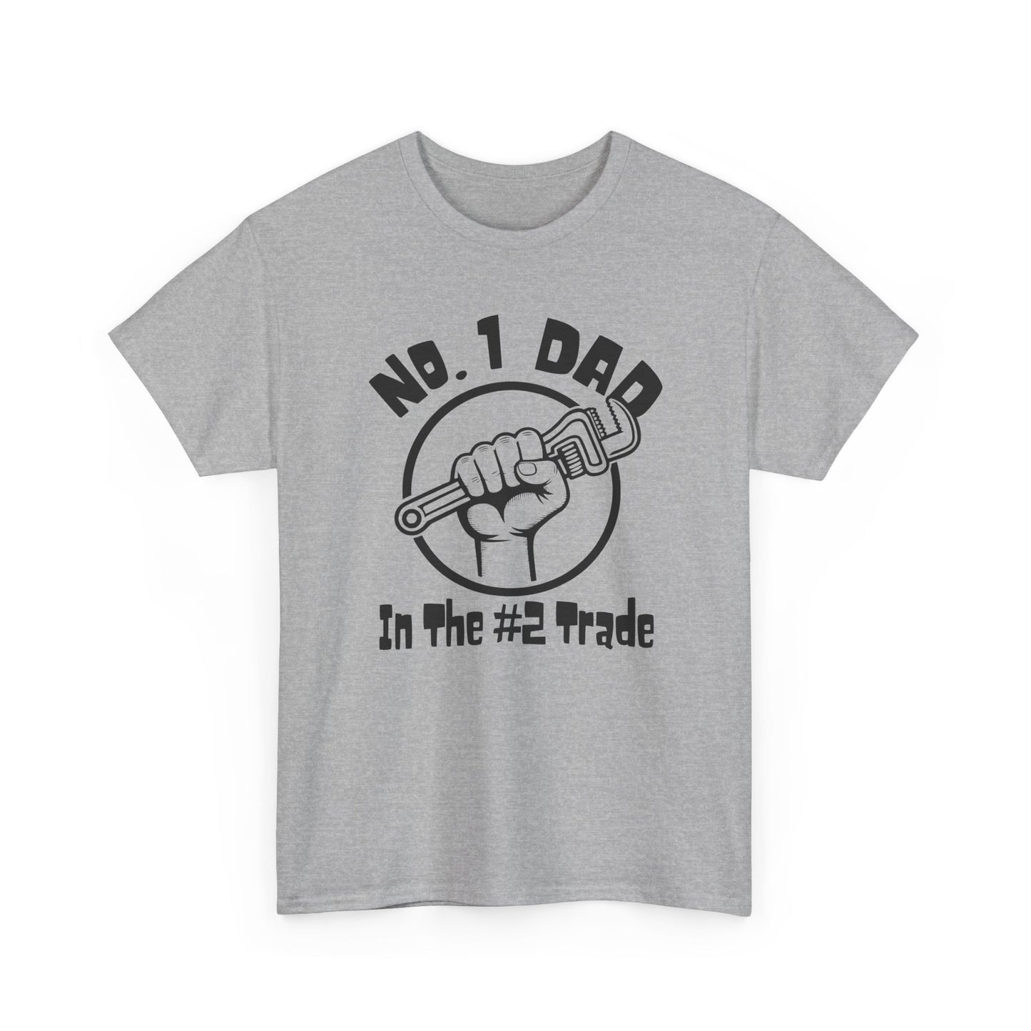 Gray t-shirt with black pipewrench graphic and Plumber dad text on a white background