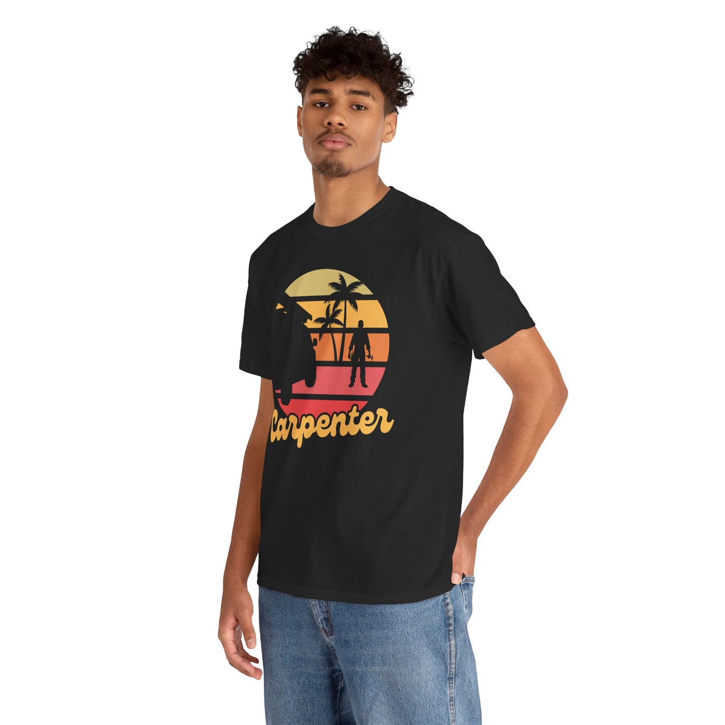 Man wearing a black t-shirt with a graphic design and the word 'Carpenter' on a white background