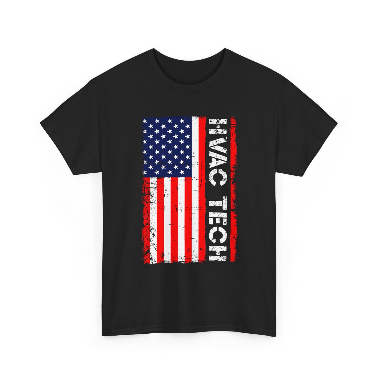 Black t-shirt with American flag design and 'HVAC TECH' text on a white background