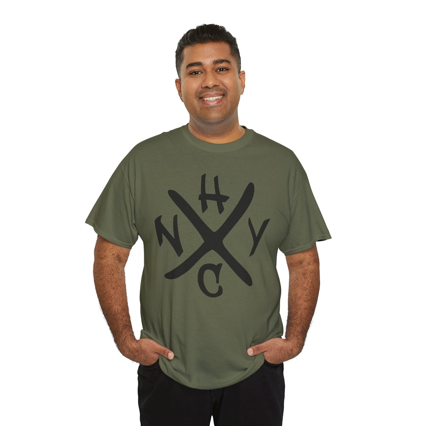 Man wearing a green t-shirt with 'NYHC' design on a white background