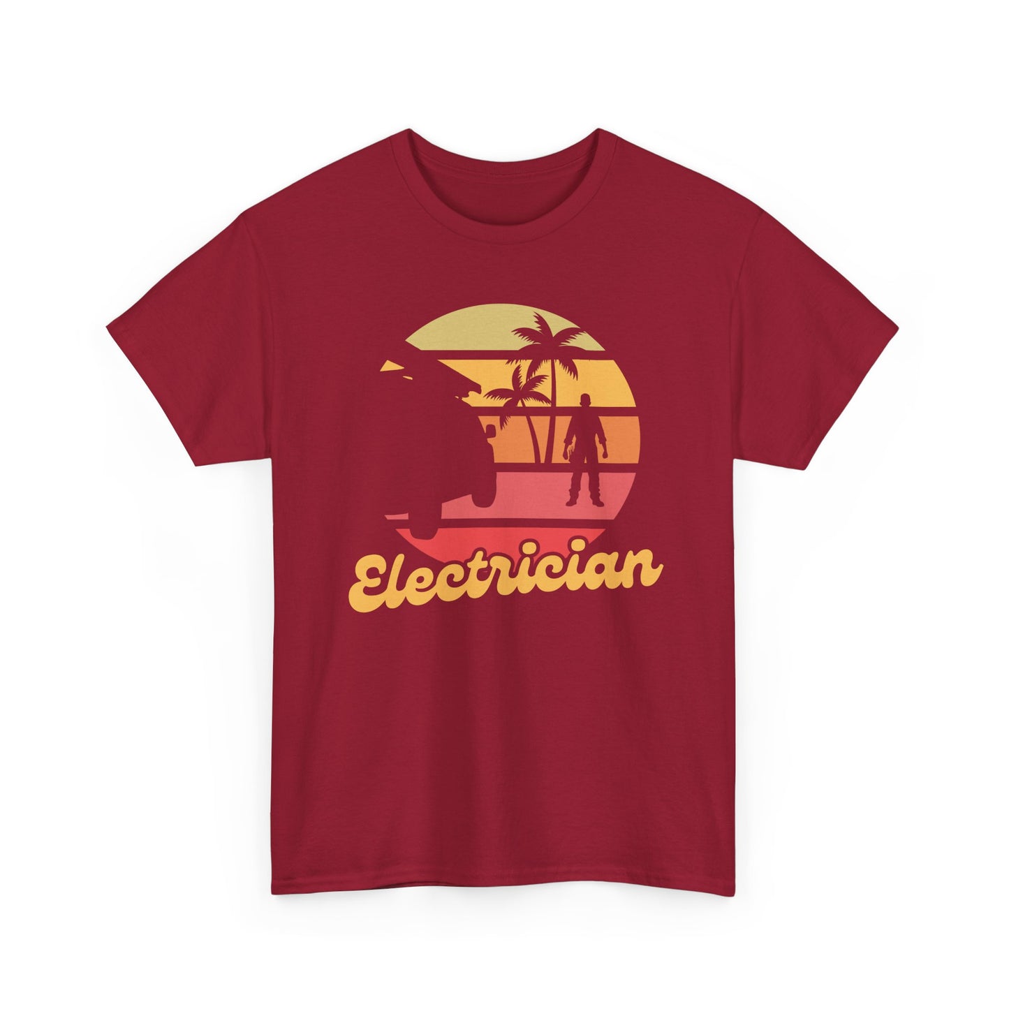 Red t-shirt with a graphic design and the word 'Electrician' on a white background