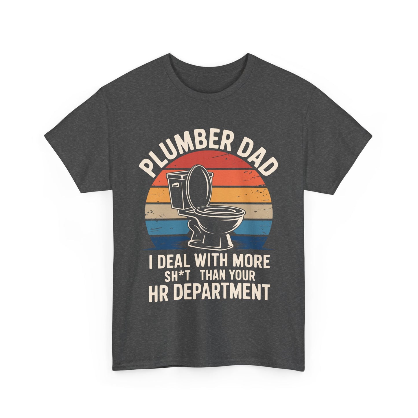 Gray t-shirt with 'Plumber Dad' graphic and text on a white background
