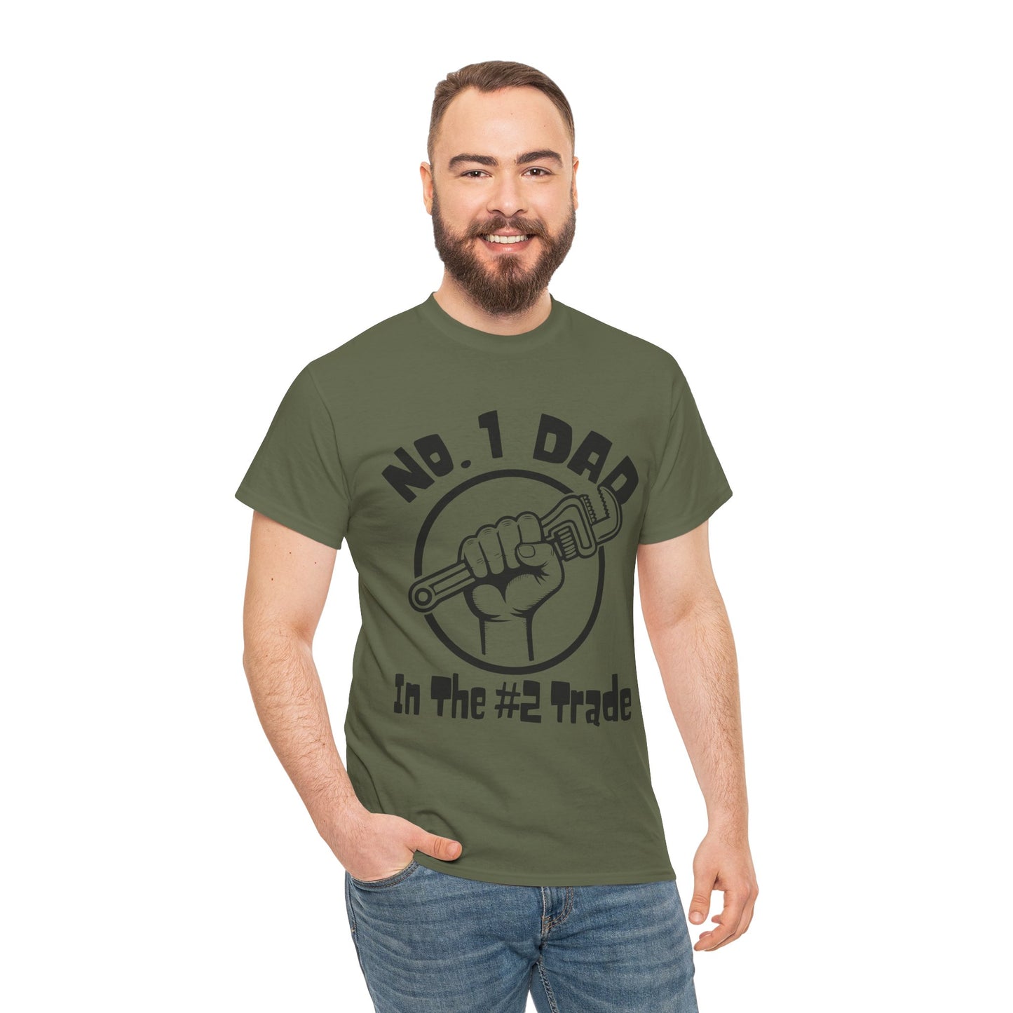 Man wearing a green t-shirt with a plumber dad graphic and text on a white background