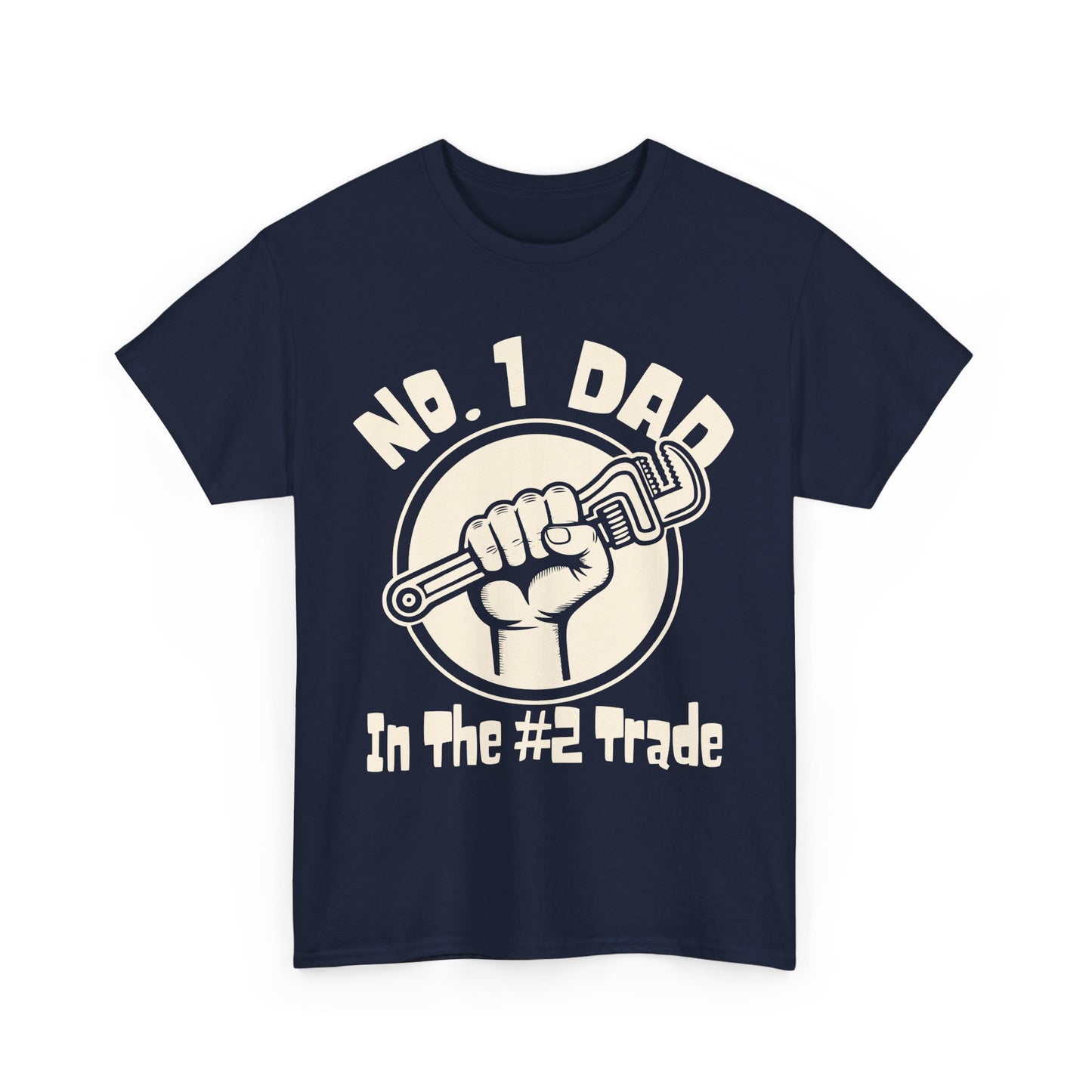 Navy blue t-shirt with white plumber graphic and text on a white background