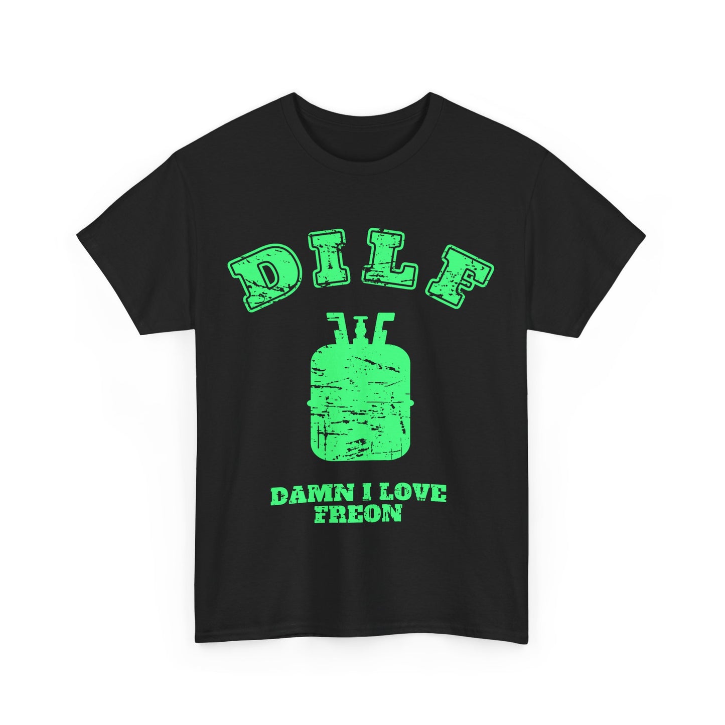 Black t-shirt with green HVAC DILF graphic and text on a white background