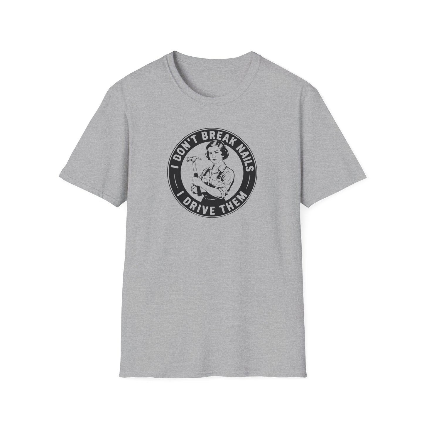 Gray t-shirt with a graphic and text 'I don't break nails' on a white background