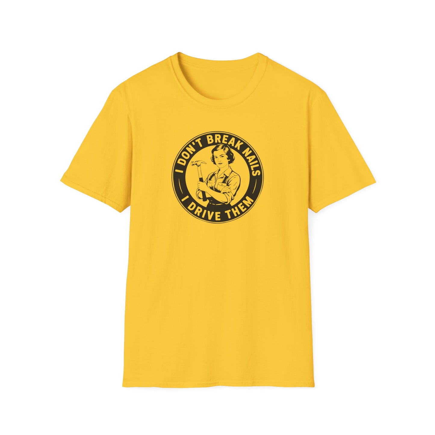 Yellow t-shirt with a graphic and text 'I don't break nails' on a white background