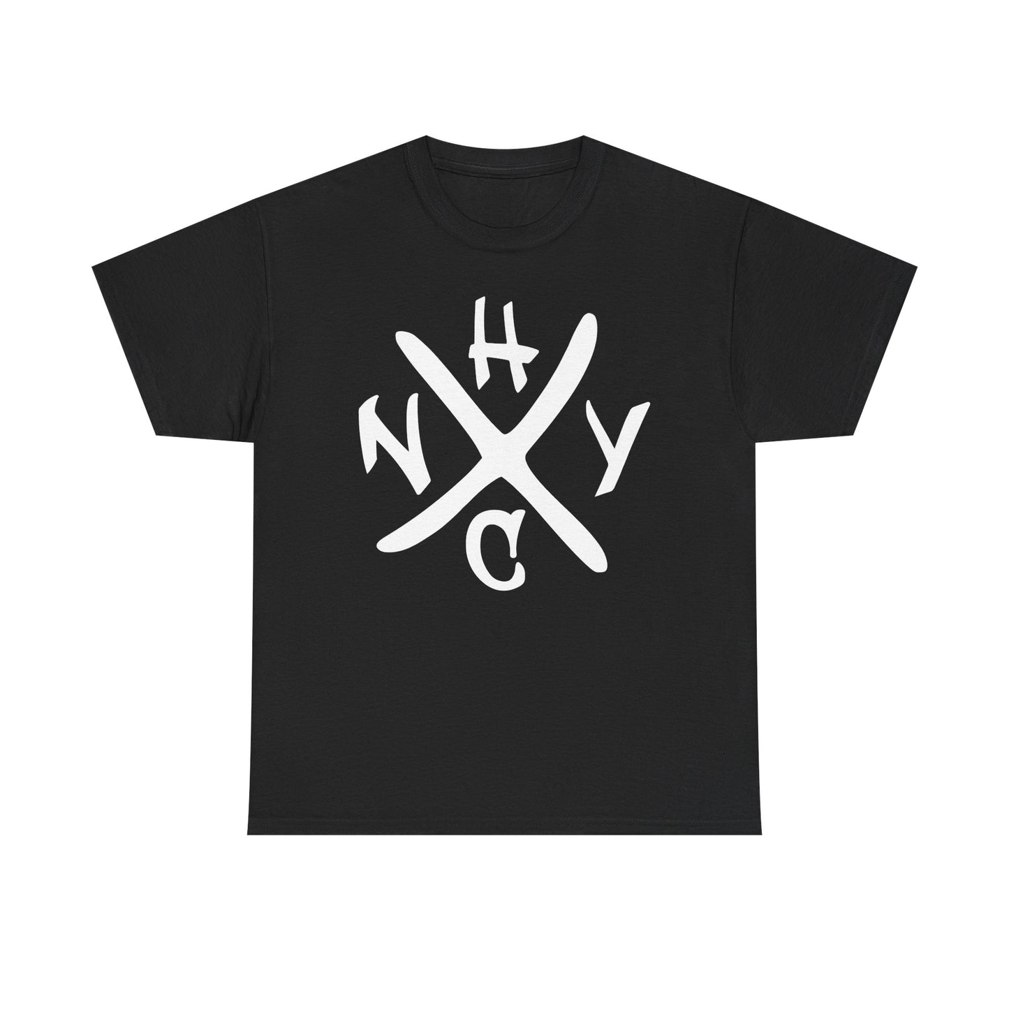 Black t-shirt with white NYHC logo on a white background