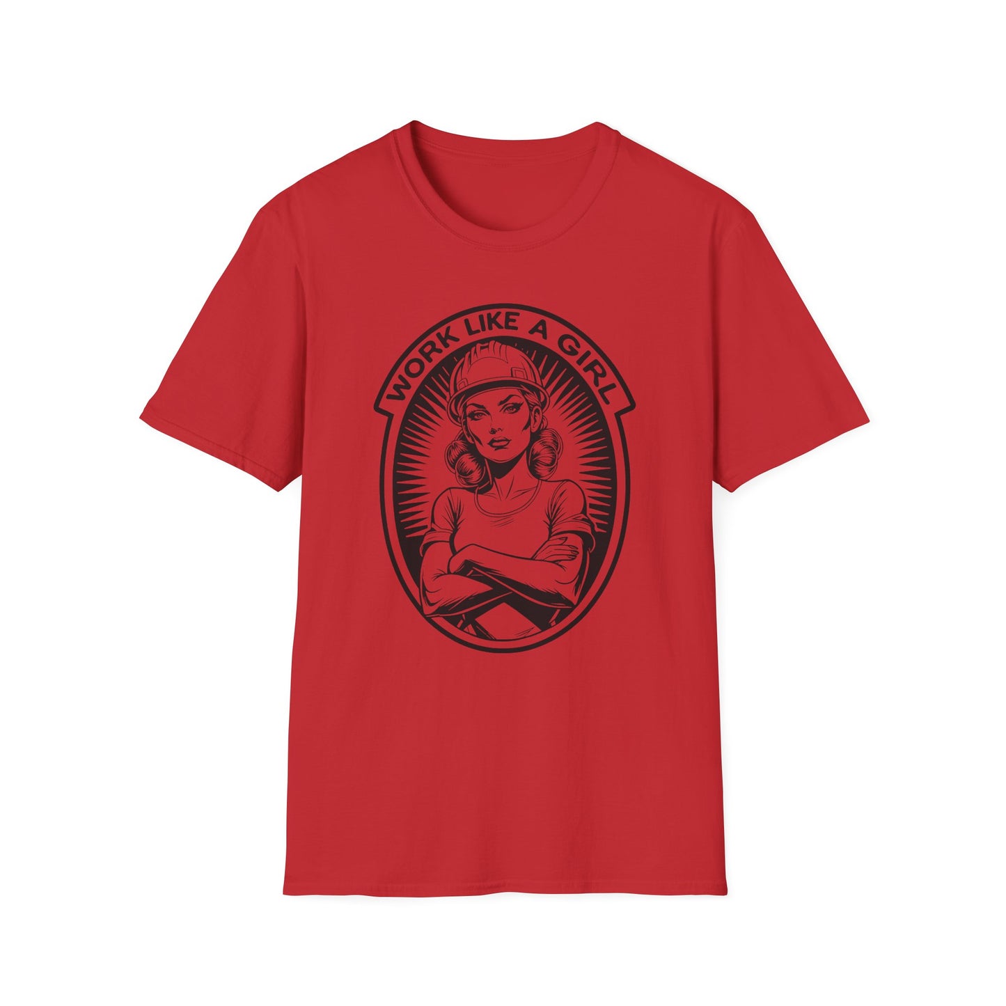 Red t-shirt with black graphic and text 'Work Like a Girl' on a white background