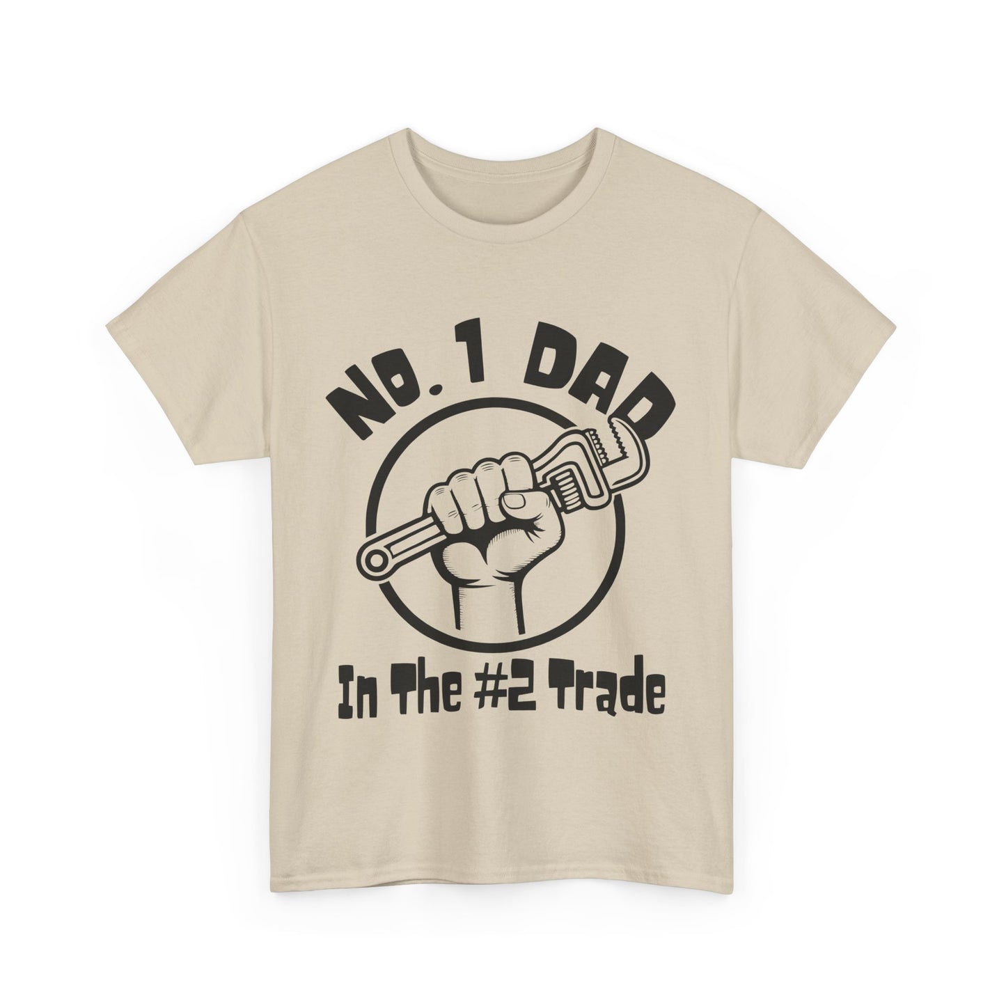 Beige t-shirt with black graphic and text 'No. 1 Dad in the #2 Trade' on a white background