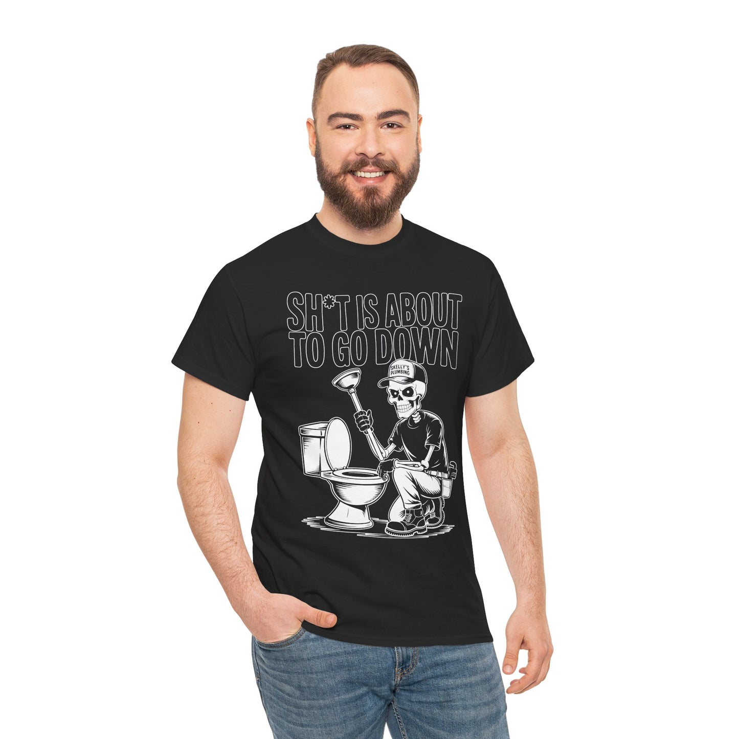 Man wearing a black t-shirt with a plumbing graphic design and text on a white background