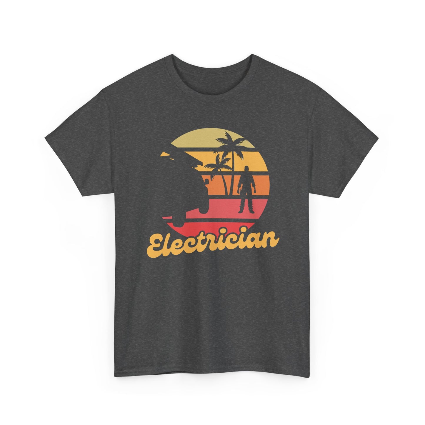 Dark gray t-shirt with a graphic design of a sunset, palm trees, and a person holding a tool, labeled 'Electrician'.