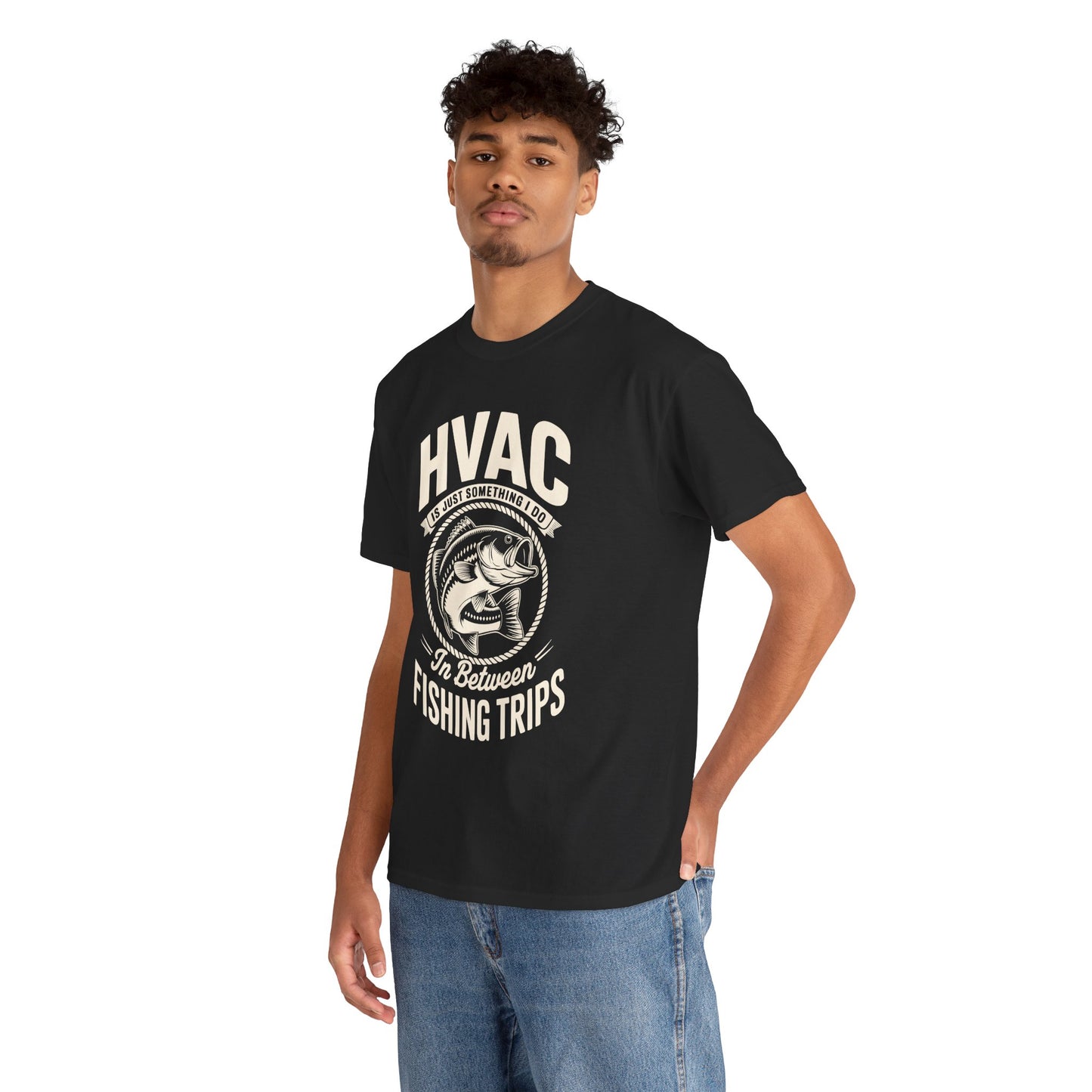 Person wearing a black t-shirt with HVAC text and Fish graphic on a white background