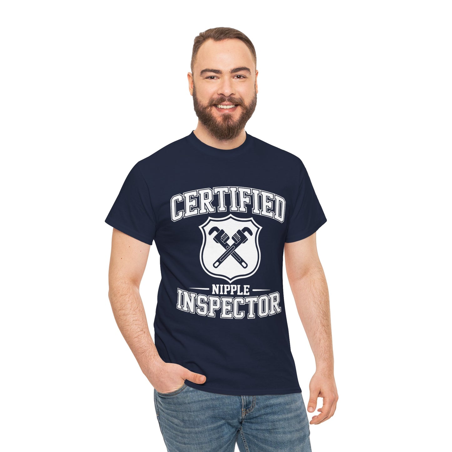 Man wearing a navy blue t-shirt with 'Certified Nipple Inspector' text and graphic on a white background