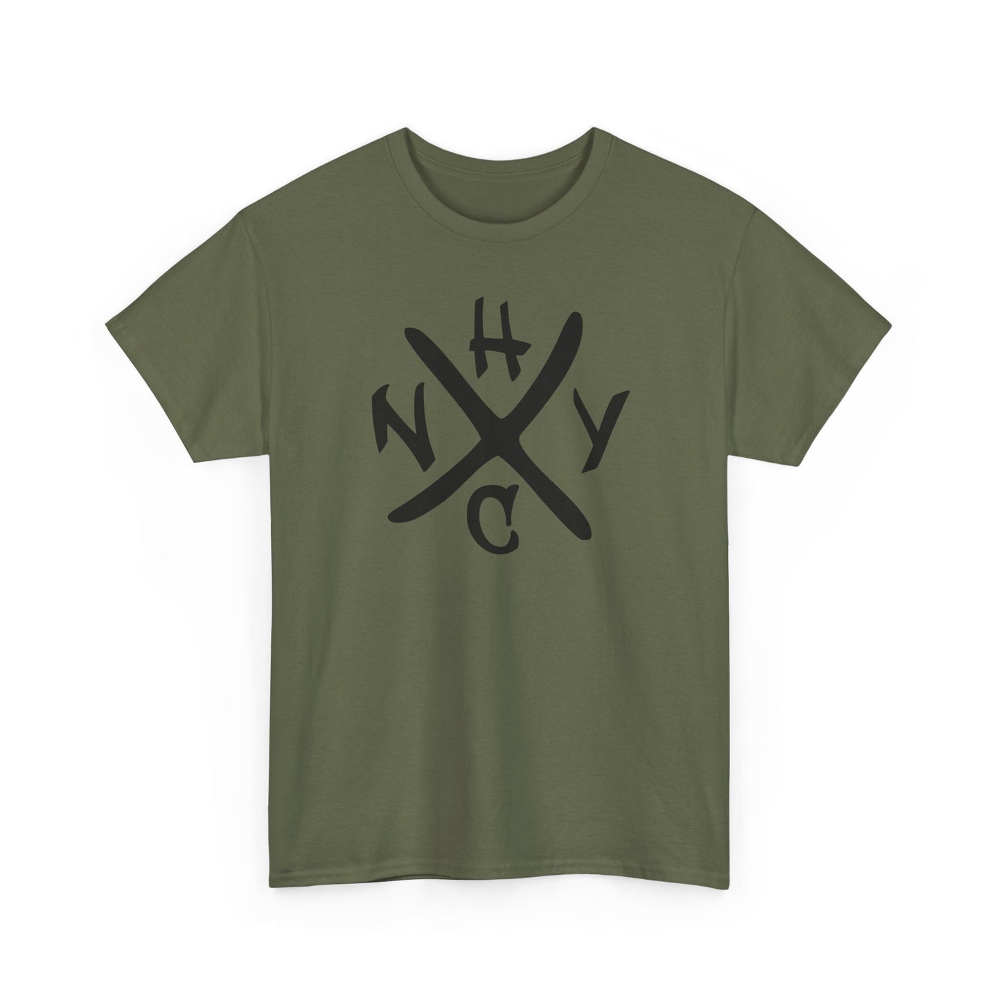 Green t-shirt with black 'NYHC' graphic on a white background