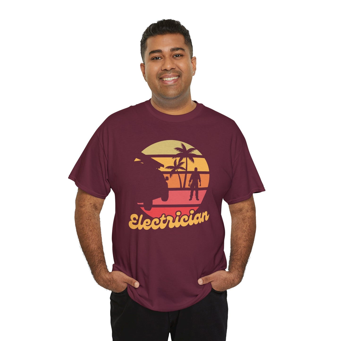 Man wearing a maroon t-shirt with a graphic design and the word 'Electrician' on a white background