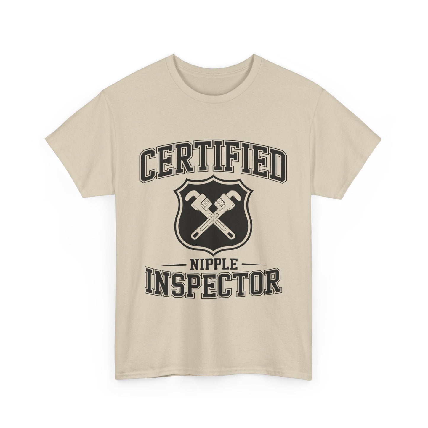 Beige t-shirt with 'Certified Nipple Inspector' text and graphic on a white background