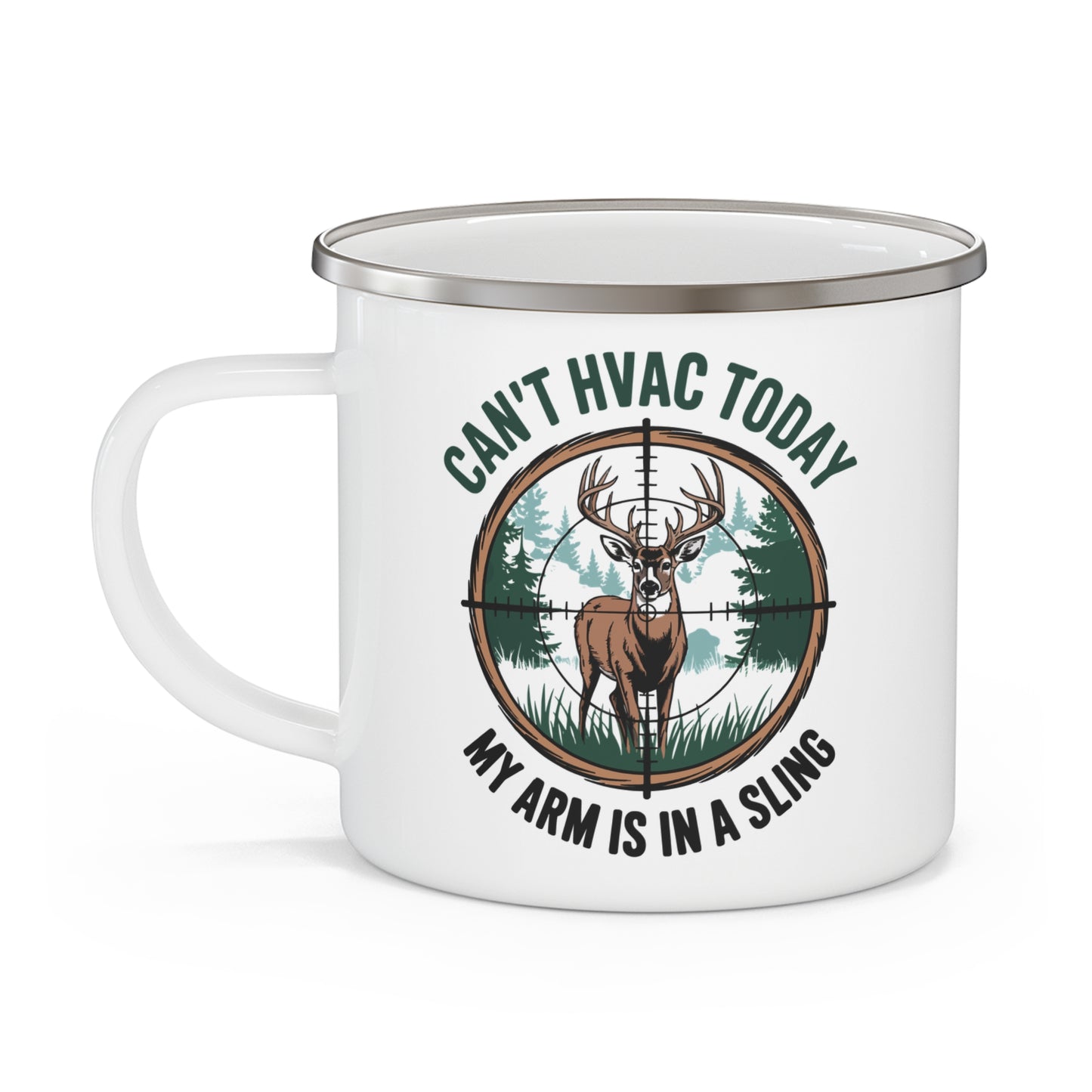 White mug with an HVAC and hunting-themed design and text on a white background