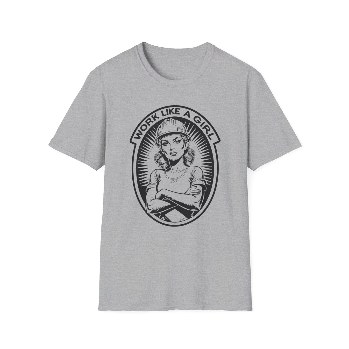Gray t-shirt with graphic design and text 'Work Like a Girl'