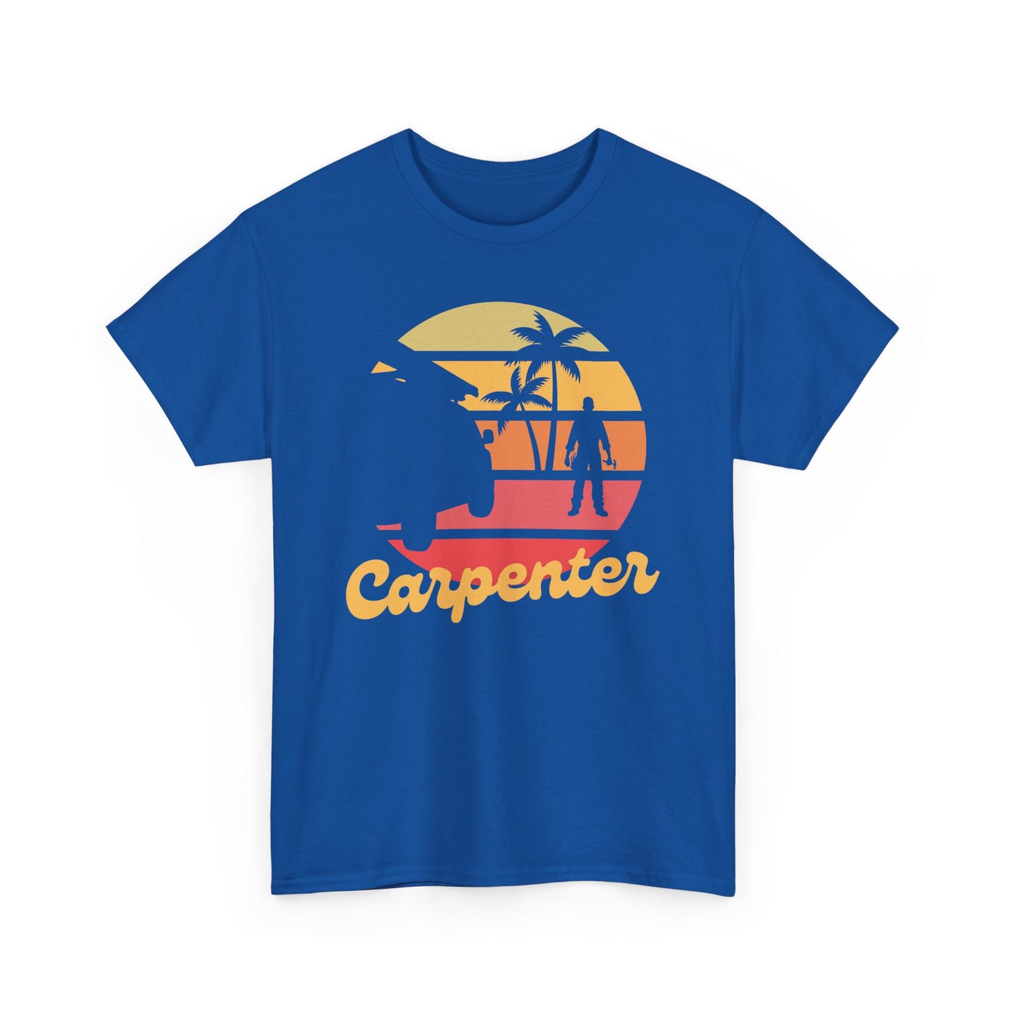 Blue t-shirt with a 'Carpenter' graphic design featuring palm trees and a sunset.
