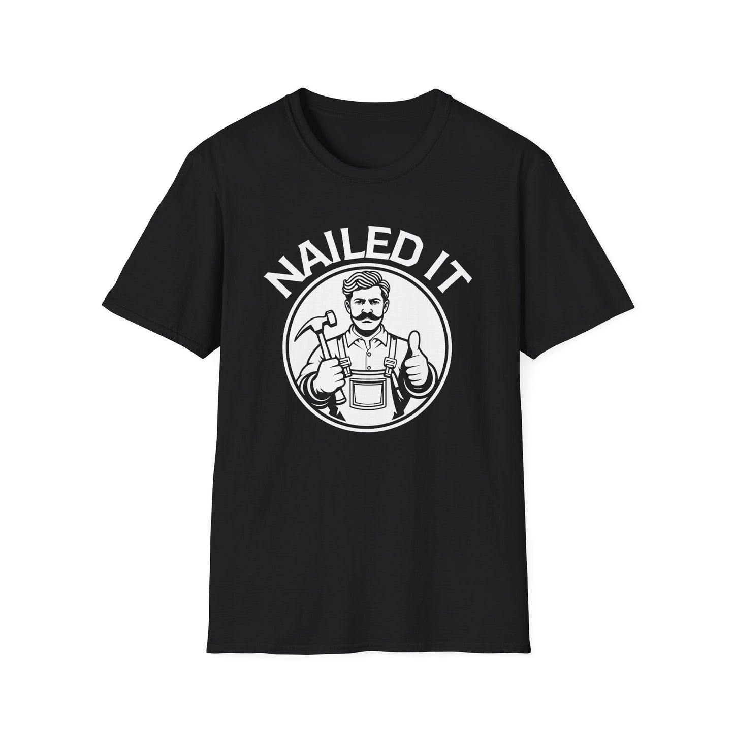 Black t-shirt with a graphic of a man giving a thumbs up and the text 'NAILED IT' on a white background.