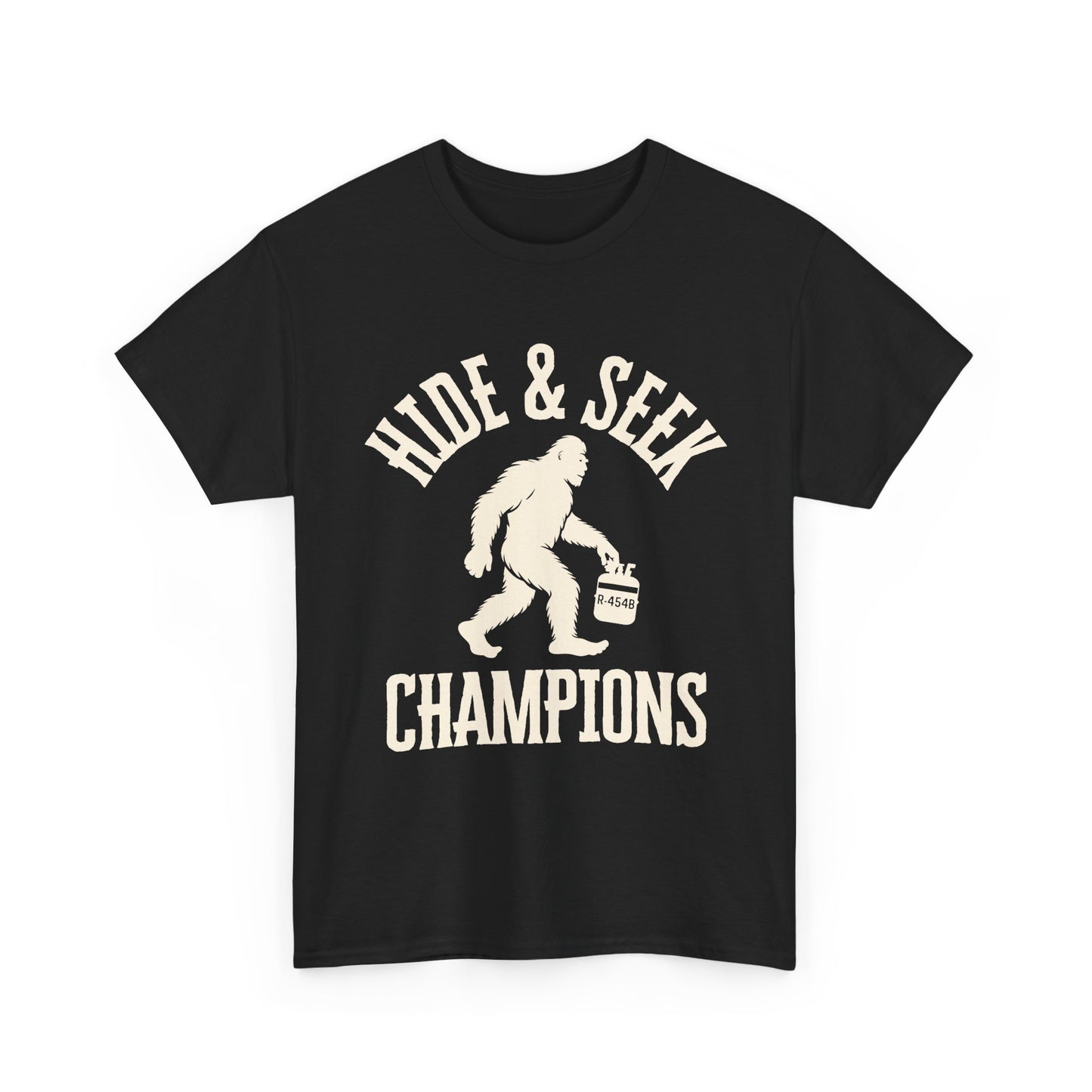 Black HVAC t-shirt with white graphic and text 'Hide & Seek Champions' on a white background