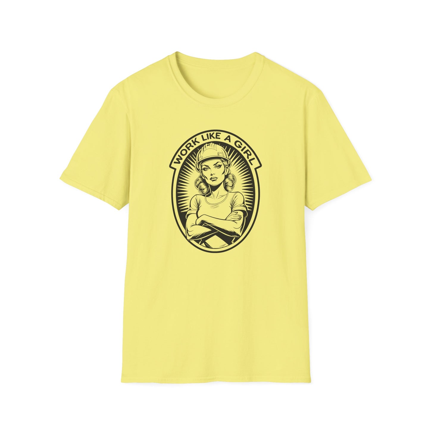 Yellow t-shirt with graphic design and text on a white background