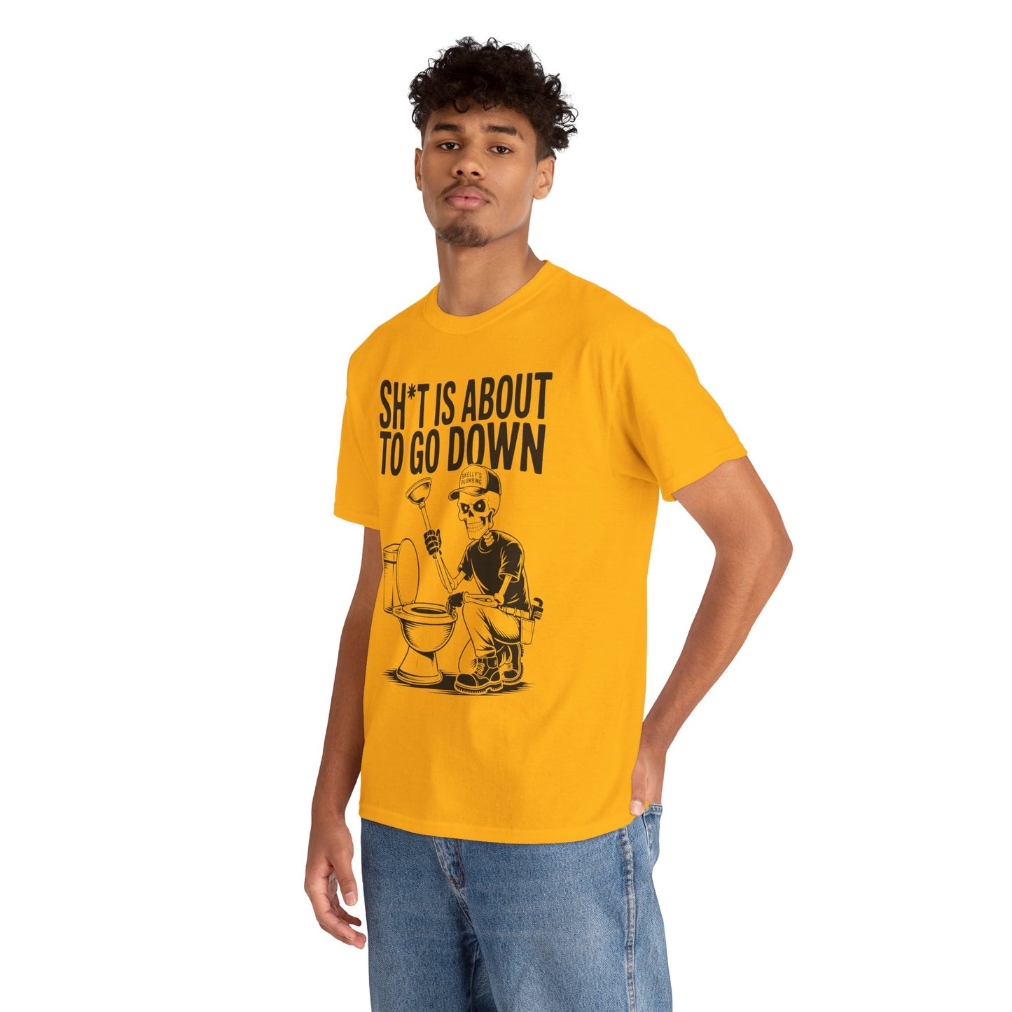 Person wearing a yellow t-shirt with graphic design and text on a white background