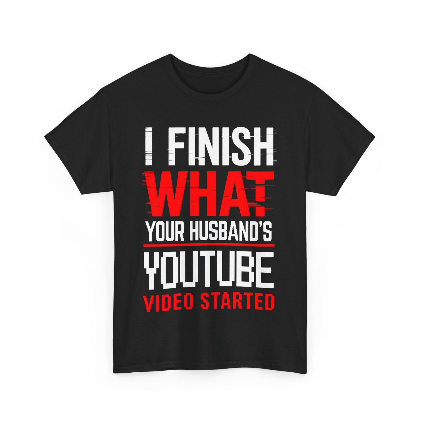 Black t-shirt with humorous text design on a white background