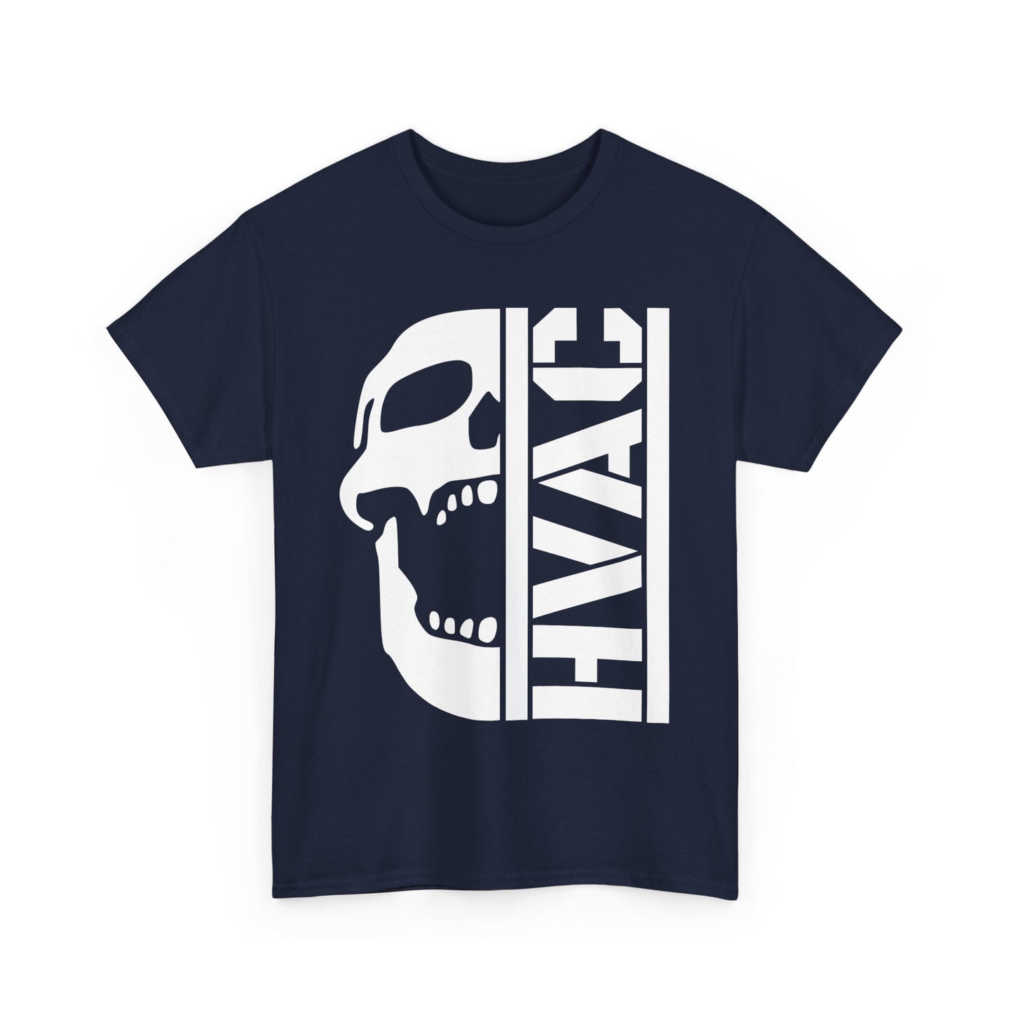 Navy blue t-shirt with a white skull and 'HVAC' text design on a white background