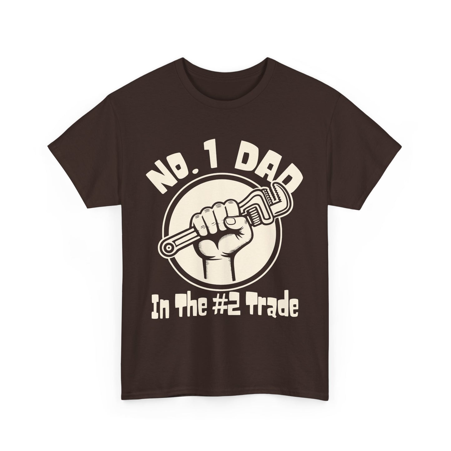 Brown t-shirt with plumbing graphic design and text on a white background