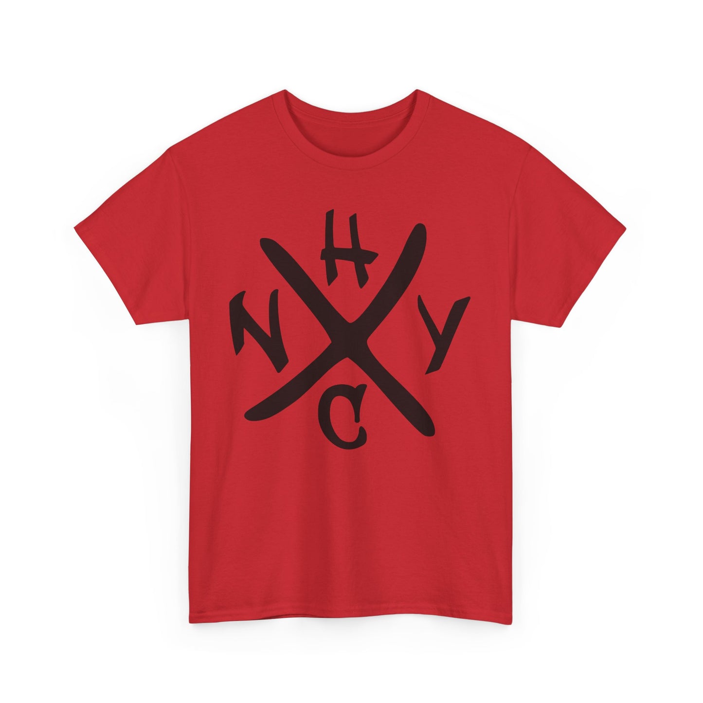Red t-shirt with black NYHC graphic design on a white background