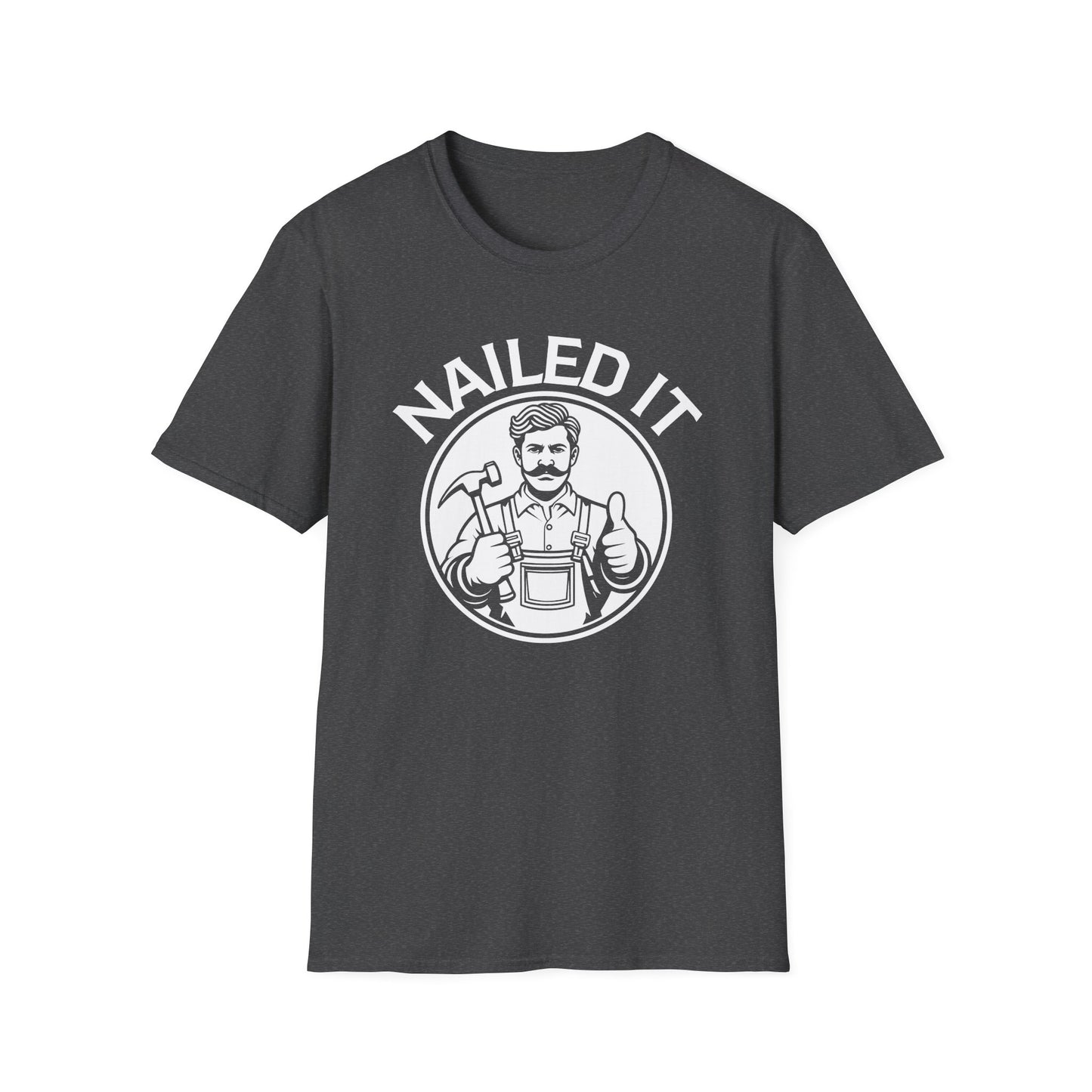 Dark Gray t-shirt with a graphic of a man giving a thumbs up and the text 'NAILED IT' on a white background.