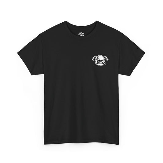 Black t-shirt with a white graphic on a white background