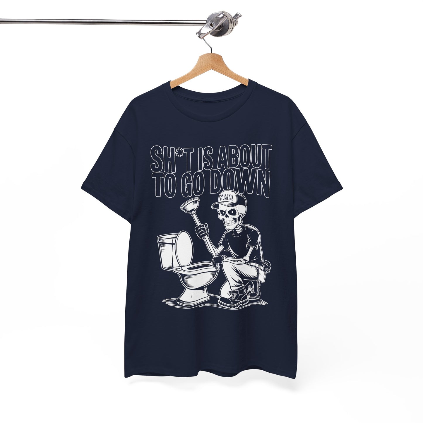 Navy blue t-shirt with skeleton plumber graphic and text on a hanger against a white background