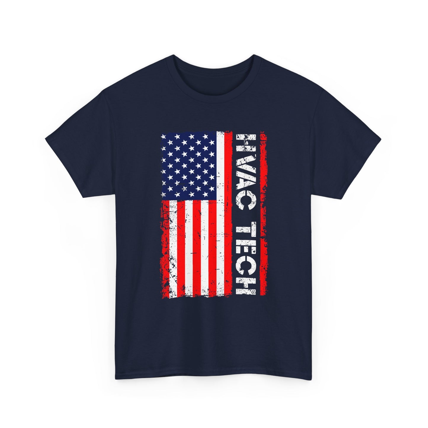 Navy blue t-shirt with American flag design and 'HVAC TECH' text on a white background