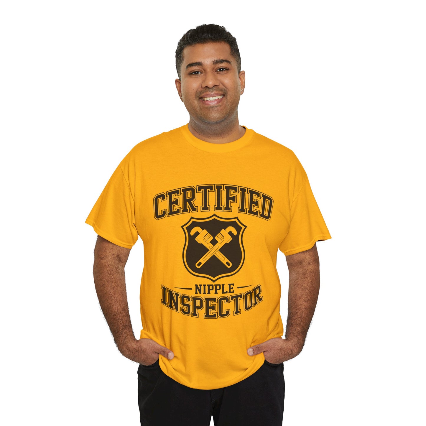 Man wearing a yellow t-shirt with 'Certified Nipple Inspector' text and graphic on a white background