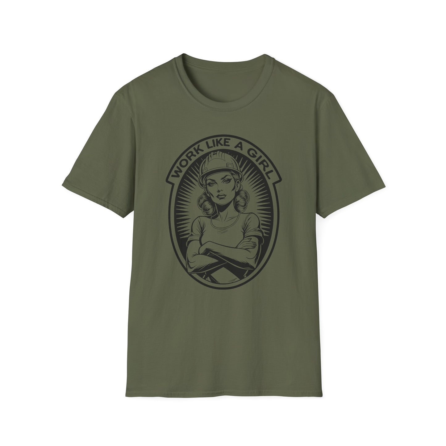 Green t-shirt with graphic design and text 'Work Like a Girl'