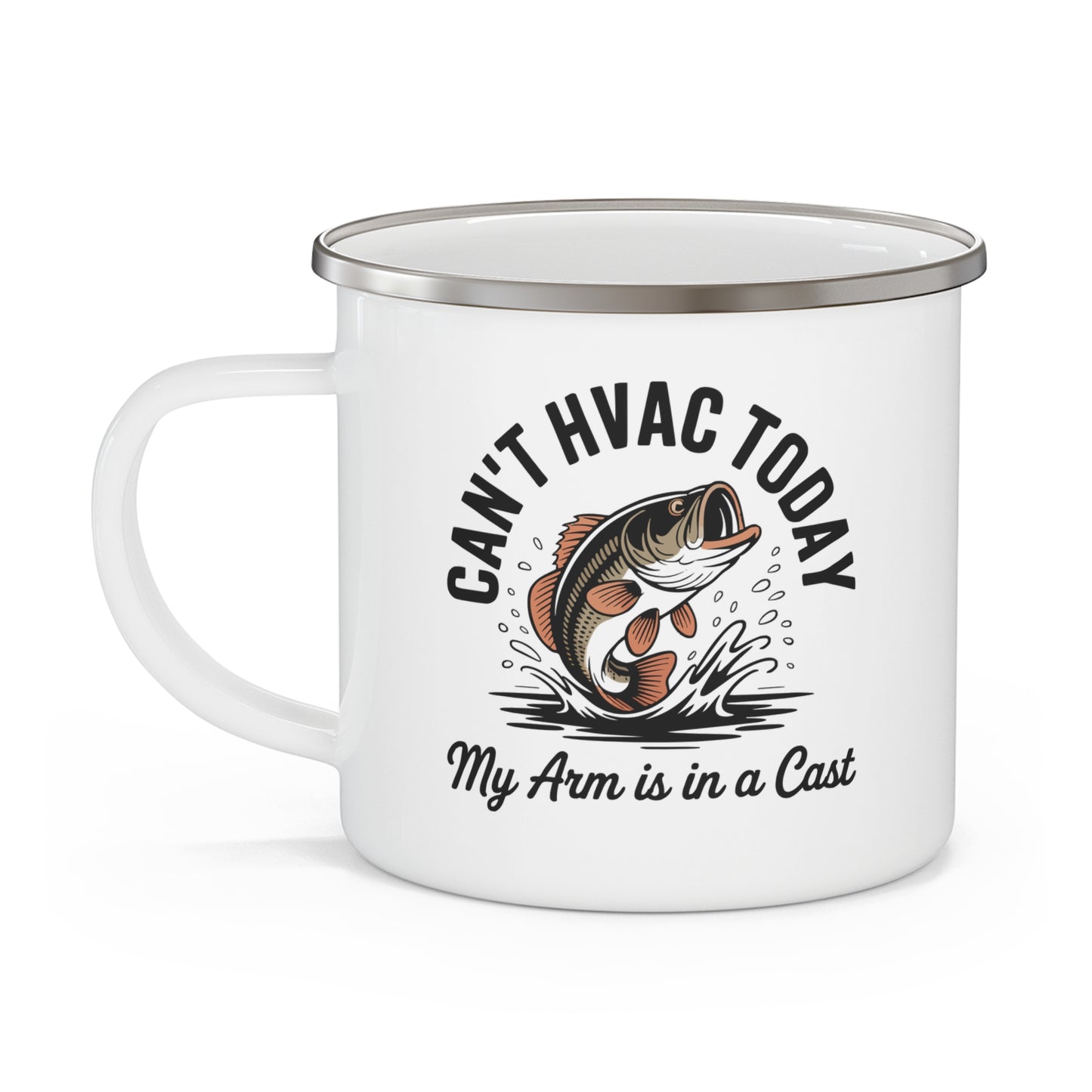 White mug with HVAC fishing-themed design and text on a white background