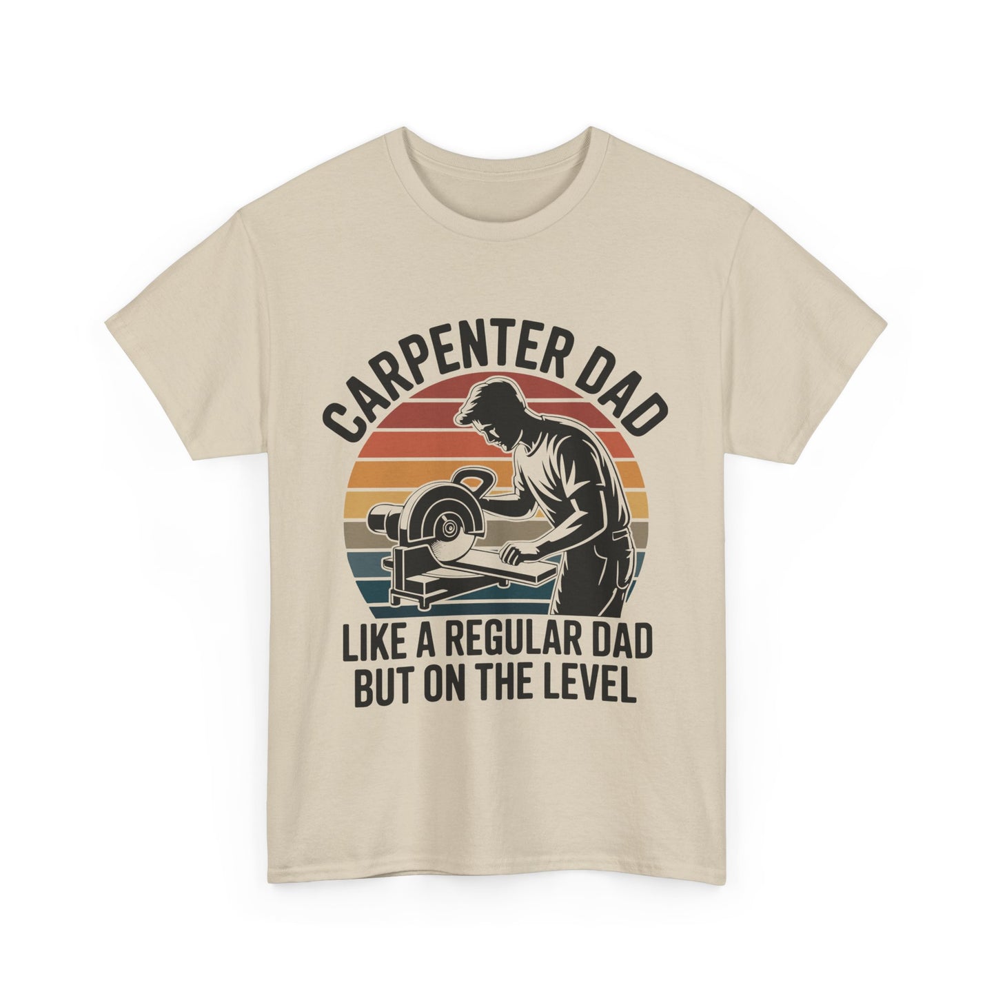 Beige t-shirt with a graphic of a carpenter and Carpenter Dad text on a white background