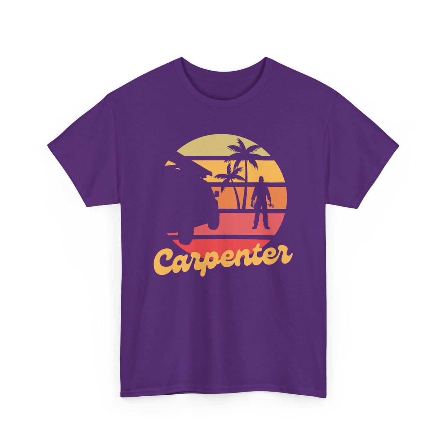 Purple t-shirt with a graphic design of a sunset, palm trees, and the word 'Carpenter'
