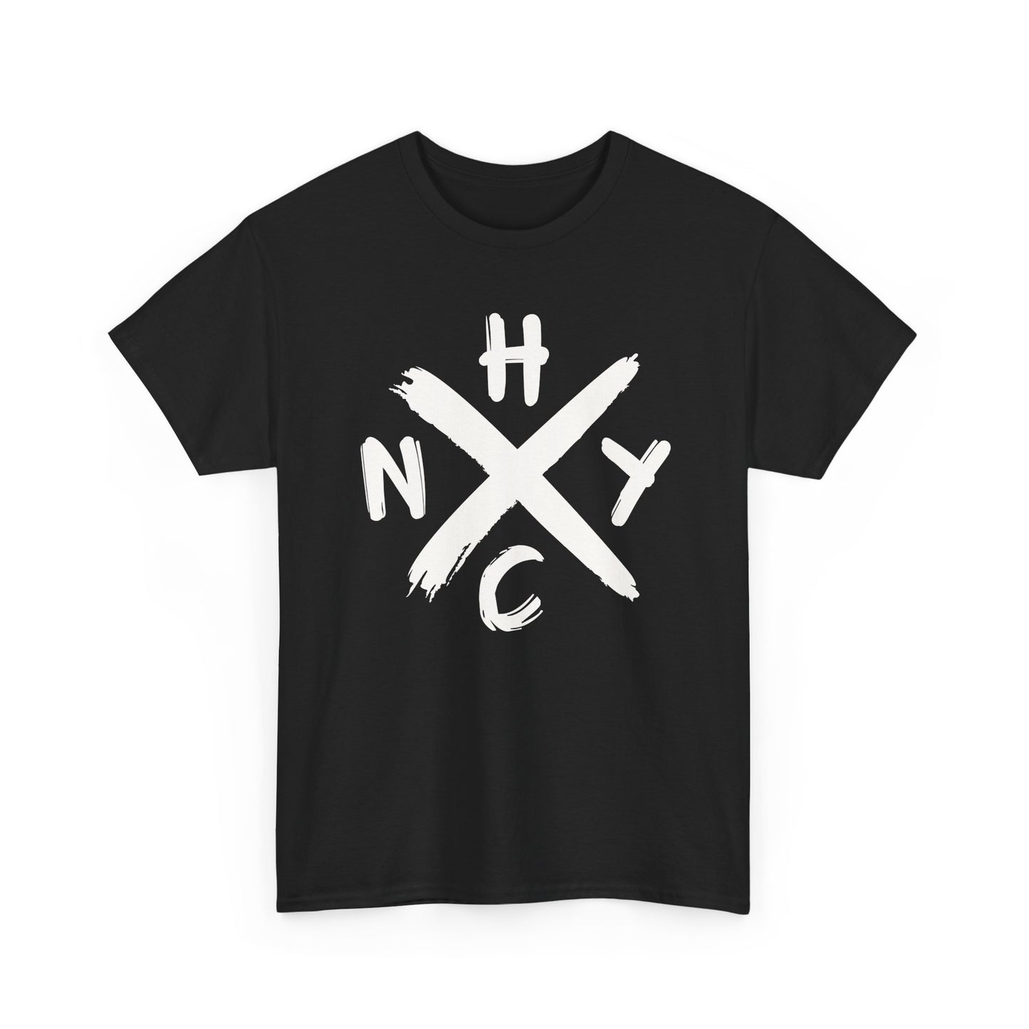 Black t-shirt with white 'NYHC' graphic on a white background