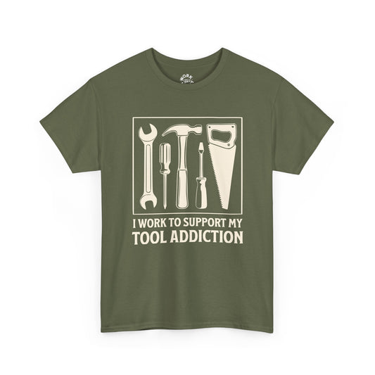 Green t-shirt with tool graphic and text on a white background
