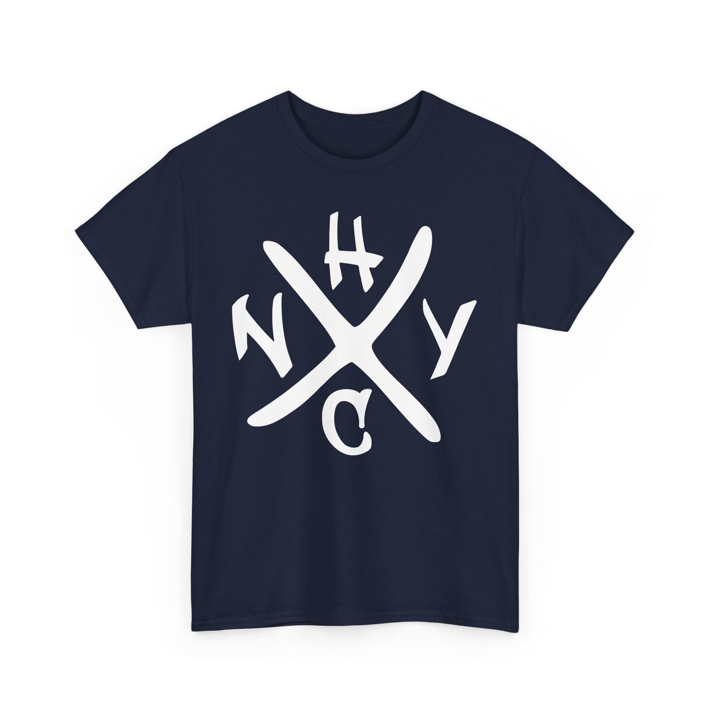Navy blue t-shirt with white 'NYHC' logo on a white background