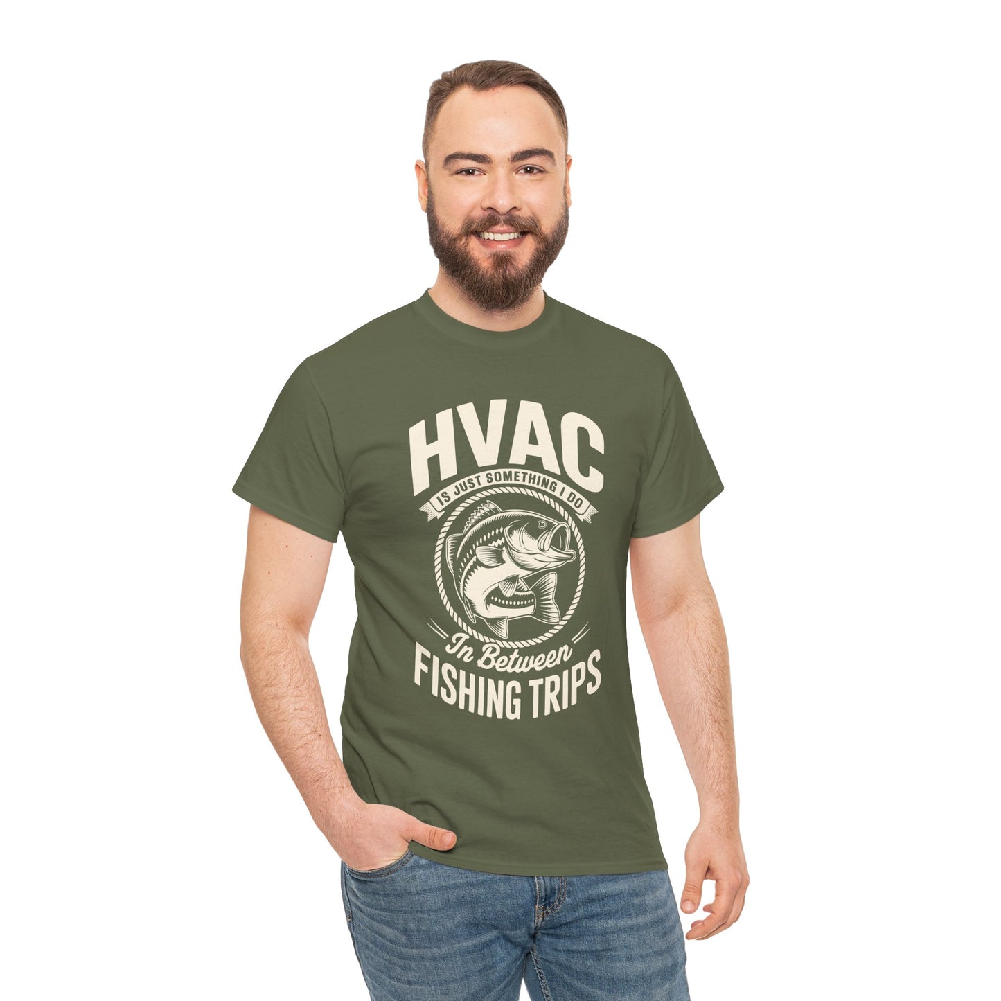 Man wearing a green t-shirt with HVAC fishing graphic on a white background