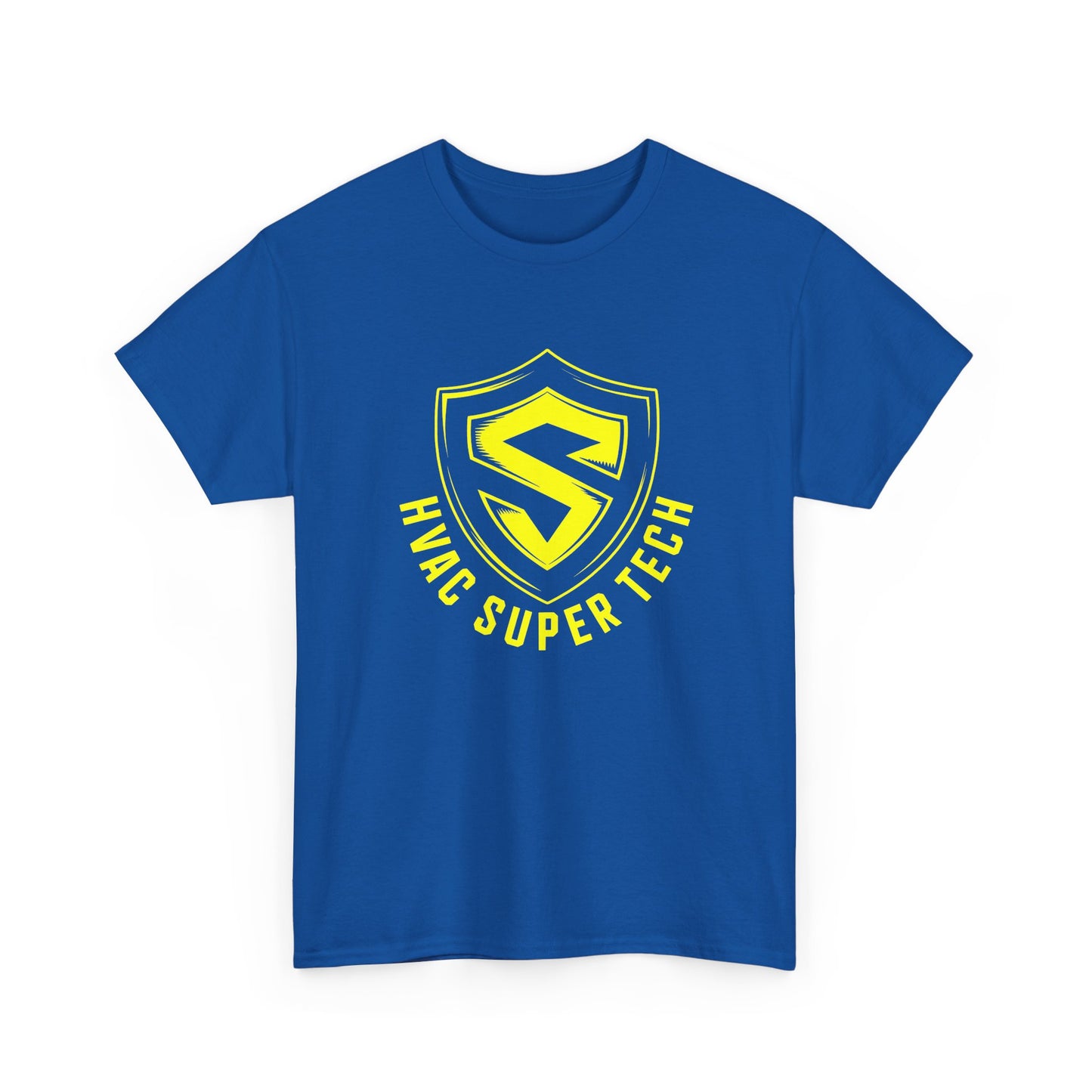 Blue t-shirt with yellow HVAC Super Tech logo on a white background